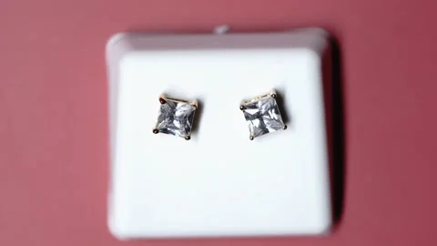 Cubic Zirconia Square CZ Stud Earrings Gold Tone Stock Footage 223659398