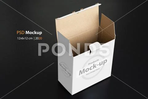 Cubical white box with open door on black background mock-up series PSD Template