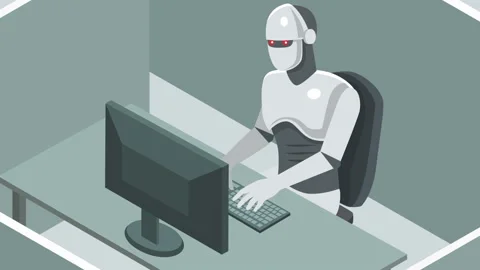 Cubicle office workspace with humanoid robots works on the computer 스톡 동영상 119910949