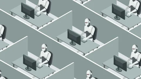 Cubicle office workspace. Humanoid robots hard works on the computer Stock Footage 120638412