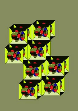 Cubist Cubes: Floating 3D Geometric Illusions in Green Stock Illustration
