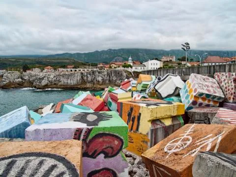 Cubos de la memoria at Llanes port Asturias Spain Stock Photos