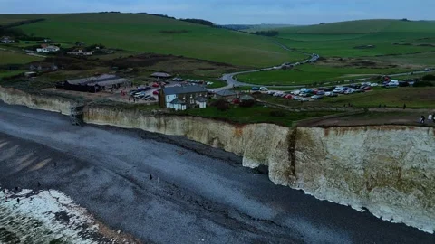Cuckmere Cliffs famous tourism location in Sussex, Winter aerial view landscape Stock Footage 296357518