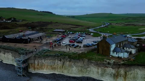 Cuckmere Cliffs famous tourism location in Sussex, Winter aerial view landscape Stock Footage 296357870