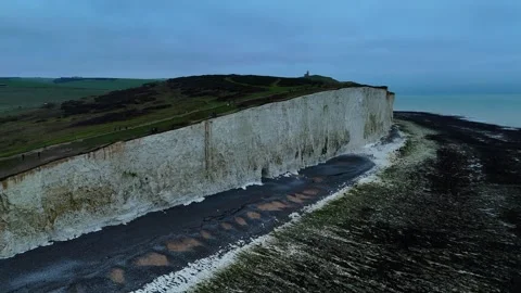 Cuckmere Cliffs famous tourism location in Sussex, Winter aerial view landscape Stock Footage 296357879