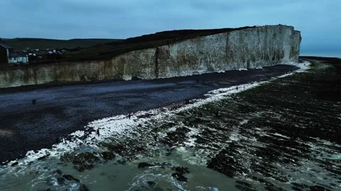 Cuckmere Cliffs famous tourism location in Sussex, Winter aerial view landscape Stock Footage 296357988