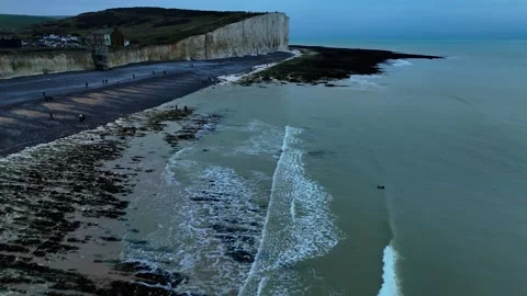 Cuckmere Cliffs famous tourism location in Sussex, Winter aerial view landscape Stock Footage 296358015