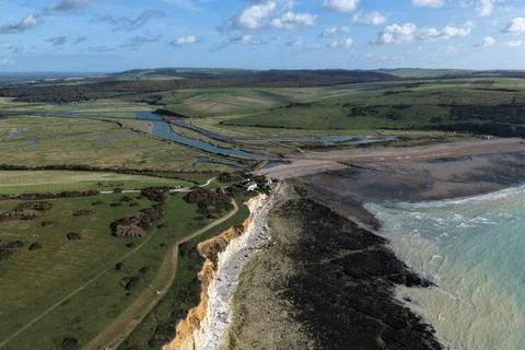 Cuckmere Haven at low tide - drone shot Stock Photos