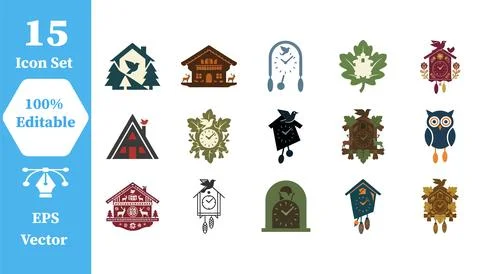 Cuckoo clock and forest cabin house icon set with decoration Illustrazione stock