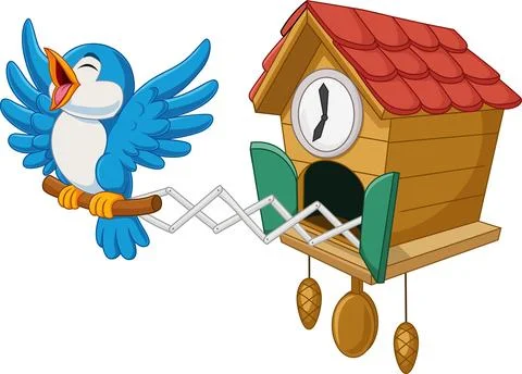 Cuckoo clock with blue bird chirping Stock Illustration