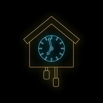 Cuckoo clock neon line art glowing outline Stock Illustration