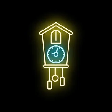 Cuckoo clock neon sign glowing with yellow and blue light 스톡 일러스트