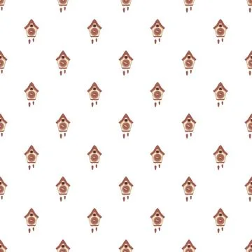 Cuckoo clock pattern repeating motif on white background Stock Illustration
