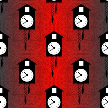 Cuckoo clock on a red background seamless vector pattern Stock Illustration