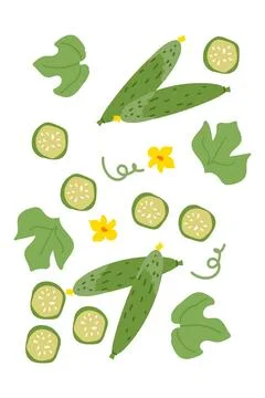 Cucumber and flower pattern with green leaves and yellow blooms Stock Illustration