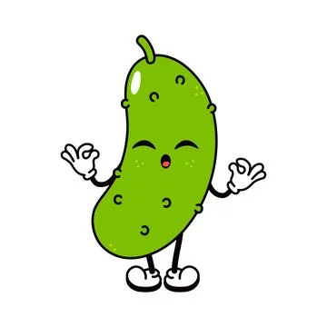 Cucumber doing yoga character. Vector hand drawn traditional cartoon vintag.. Illustrazione stock