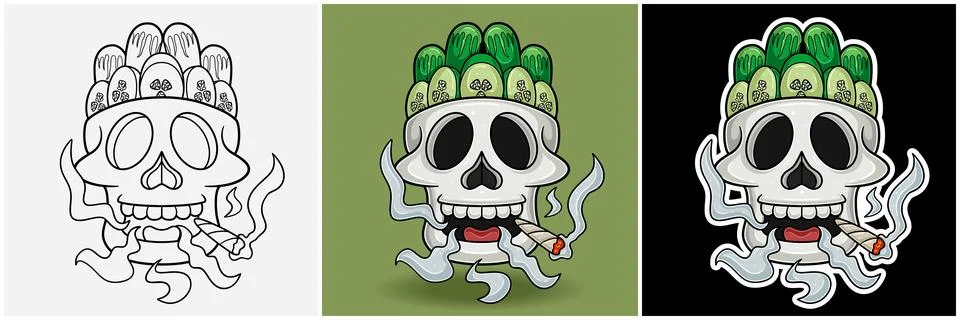 Cucumber Fruit Inside Skull Head With Smoking Character Cartoon. Black Whit.. Stock Illustration