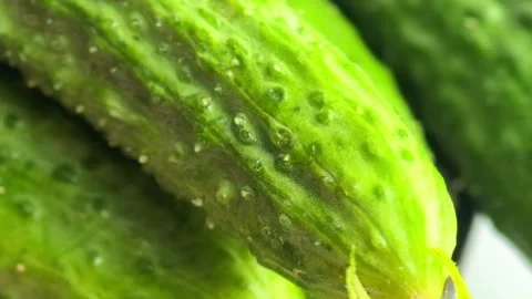 Cucumber macro texture with water drops, fresh organic vegetable and healthy foo Stock Footage 335386859