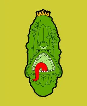 Cucumber monster GMO mutant. Genetically modified Angry Vegetable with teeth. Illustrazione stock