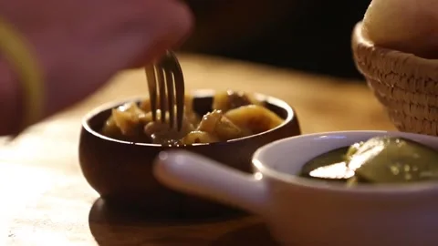 Cucumber in oil dip tapas Stock Footage 132025335