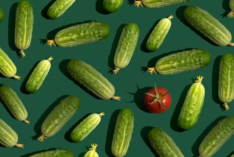 Cucumber pattern. Cucumbers on a green background. Vegetables. Stock Photos