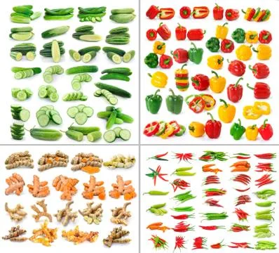 Cucumber pepper tumeric   chili isolated on white background Stock Photos