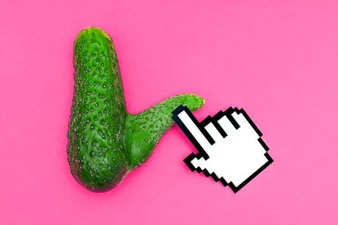 Cucumber with Phallic Growth in Erection State and Pixelated Hand Pointer o.. Stock Photos