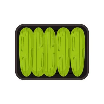 Cucumber in rectangular plastic tray, top view of green vegetables container Illustrazione stock