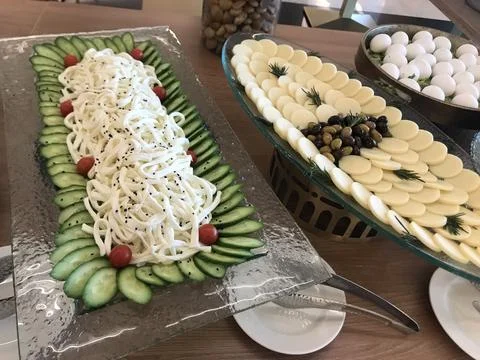 The cucumber salad with eggs on the table Stock Photos