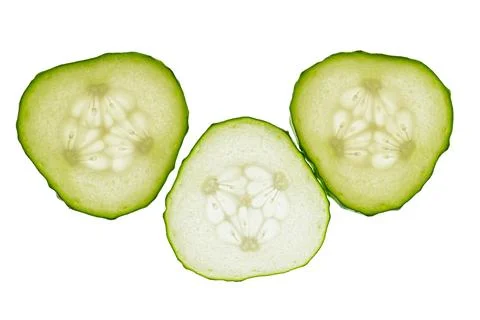 Cucumber slices arranged in a triangular formation on a white background, vib Stock Photos