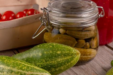 Cucumber tomatoes cherry tomato jam canned corinichon Stock Photos