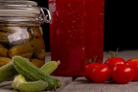 Cucumber tomatoes cherry tomato jam canned corinichon Stock Photos