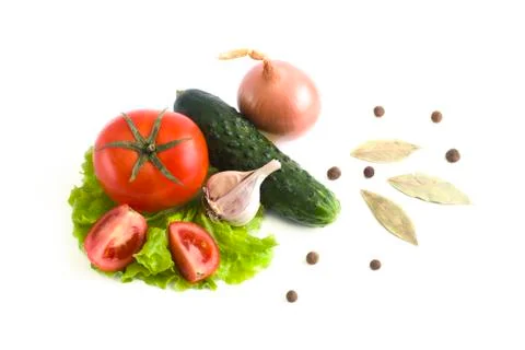 Cucumber with tomatoes on a white background. Stock Photos