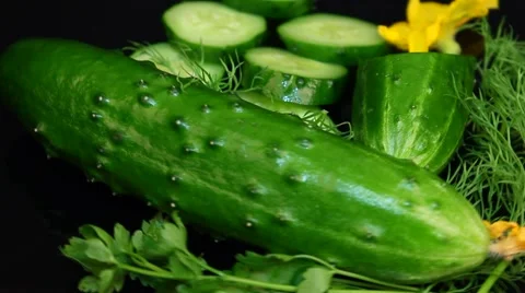 Cucumbers and greens on a black background . Rotation Stock Footage 61459581