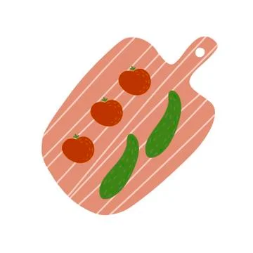 Cucumbers and tomatoes on the kitchen Board. Kitchen utensils vegetables. Stock Illustration