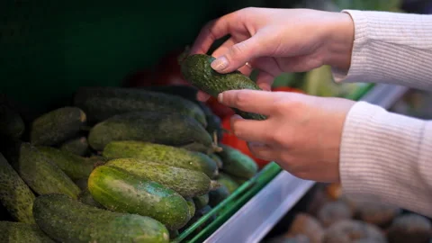 Cucumbers and tomatoes on the store shelf. Sale of cucumbers in the supermarket Stock Footage 200844155