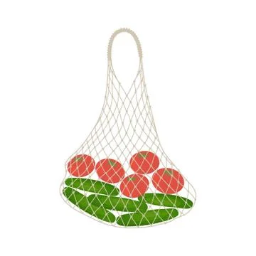 Cucumbers and tomatoes in a string bag Stock Illustration