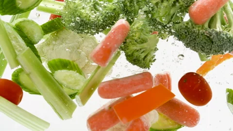 Cucumbers, Carrots, Celery, Broccoli, Cauliflower, Tomatoes, Pepper Falling into Stock Footage 171921501