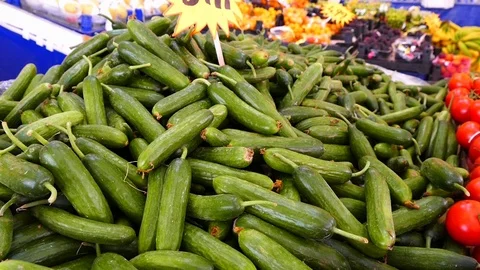 Cucumbers in grocery store large amounts of HDvideo, price-tagged cucumber, Vídeos de archivo 91264197