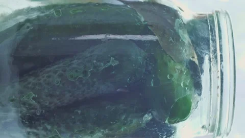 Cucumbers in a jar are returned to the table. vertical video, the process of Stock Footage 162482628