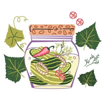 Cucumbers pickled vegetable jar, hand drawn vector illustration isolated. Stock Illustration