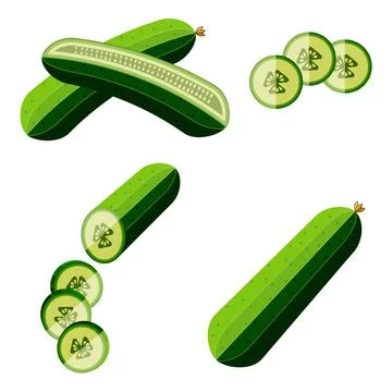 Cucumbers set. Cucumbers flat. Whole cucumber, half, chopped, slices. Fresh Ilustración de archivo