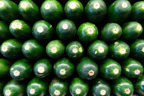 Cucumbers in a stack in produce section of grocery store Stock Photos