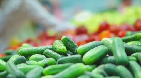 Cucumbers in supermarket, customers select vegetables on background Stock Footage 11990780