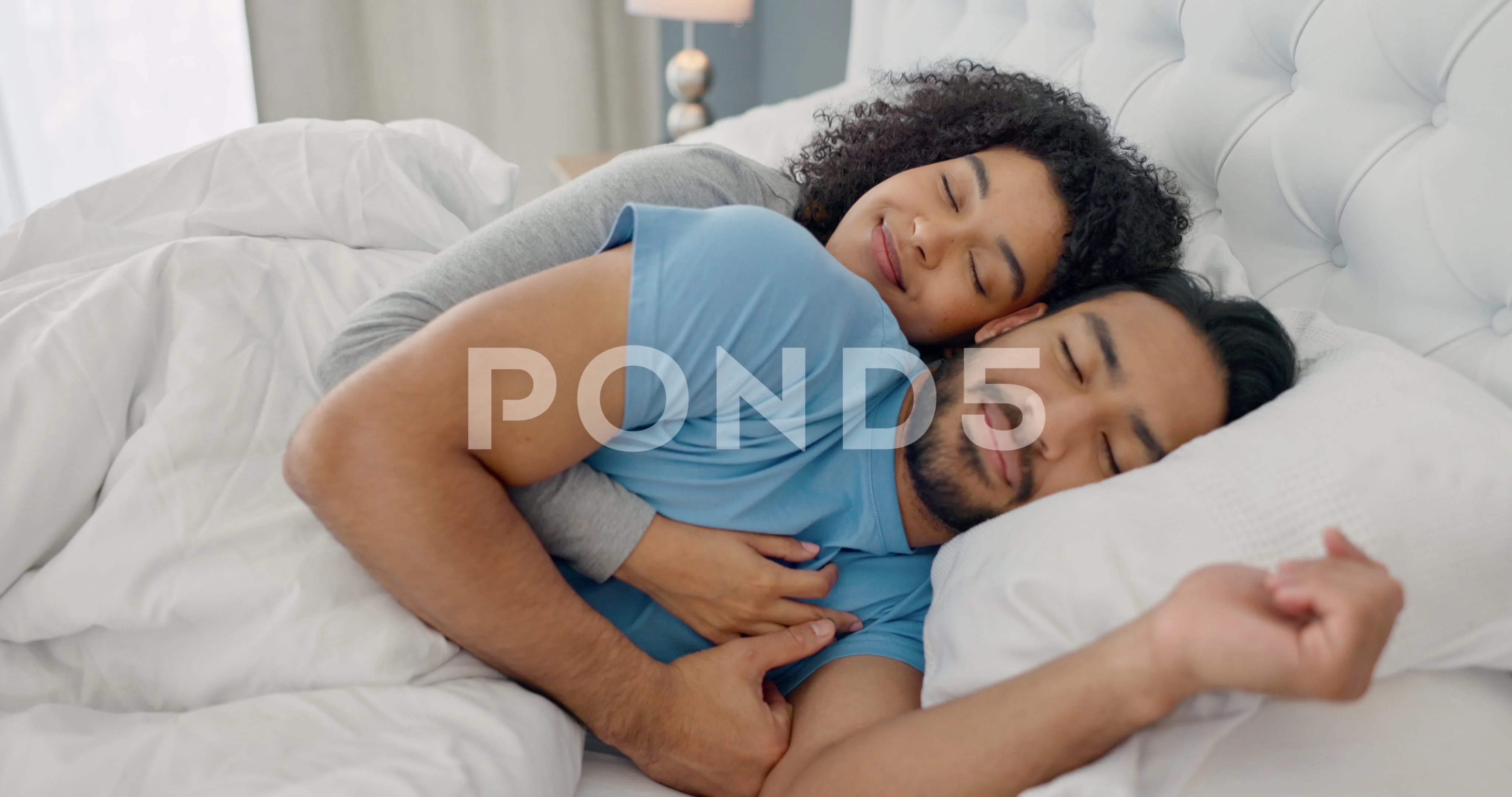Cuddle, love and couple sleeping in bed , Stock Video