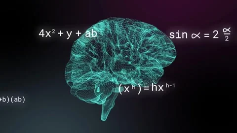 On cue teal-green wireframe 3D brain rotating while white formulas sliding in Stock Footage 334351926