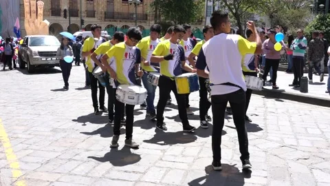 Cuenca, Ecuador - December 1, 2018 - Parade with Drummers and Float Celebrate Stock Footage 140082421
