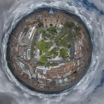 Cuenca, Ecuador - December 24, 2018 - Little Planet panorama of the center of Stock Photos