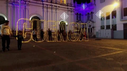 Cuenca, Ecuador - December 31, 2018 - Drone rises, showing CUENCA in outline Foto stock