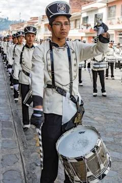 Cuenca, Ecuador, Jan 13, 2018: Drummers marching in parade Stock Photos